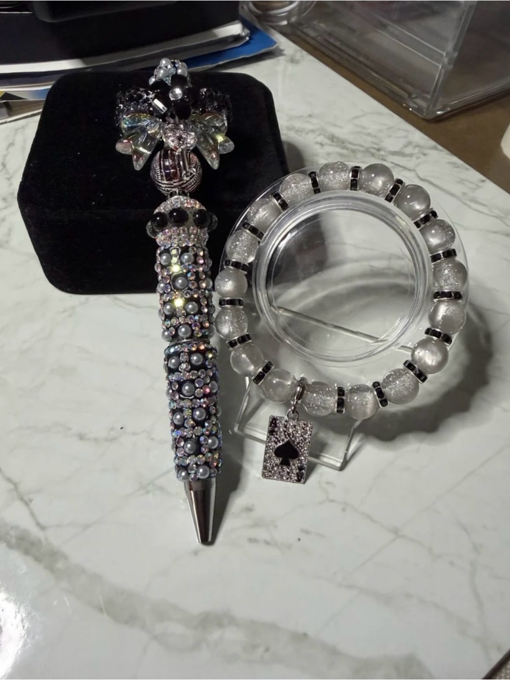 Sparkle Beaded Black & silver Pen and Bracelet Set